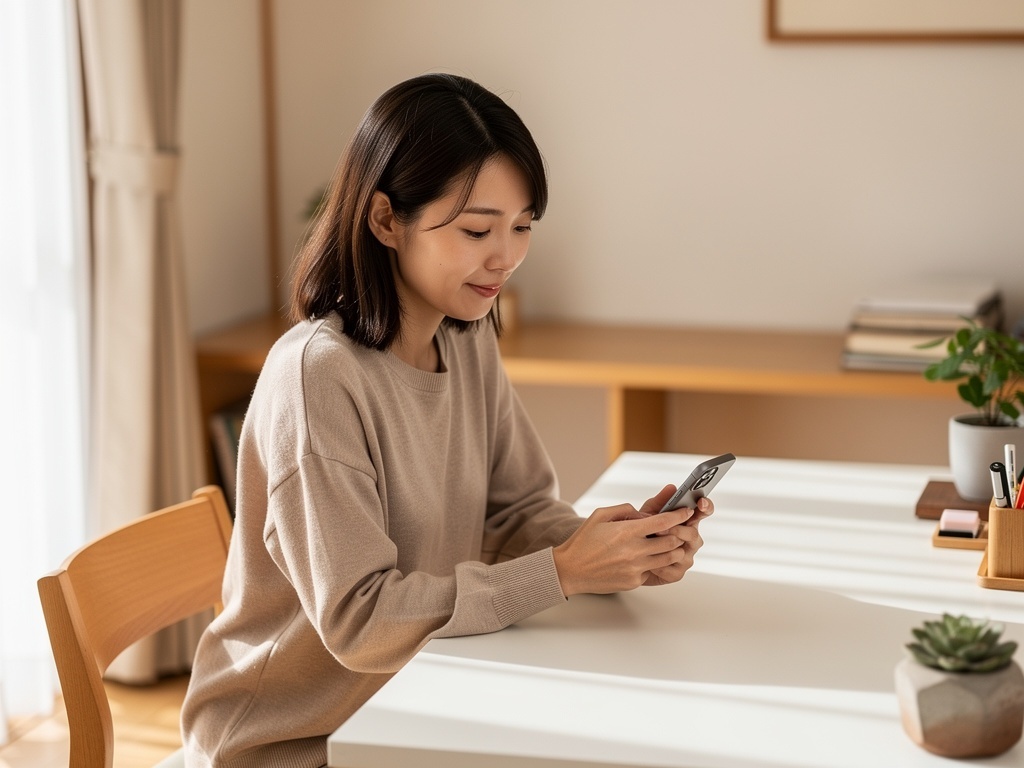 自宅でスマホを穏やかに見つめる日本人女性