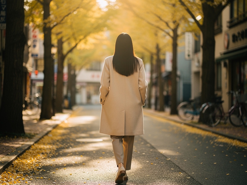 並木道を歩く日本人女性