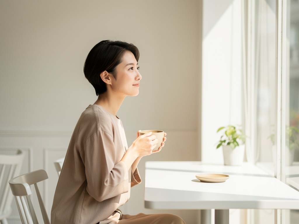カフェで窓の外を眺める日本人女性